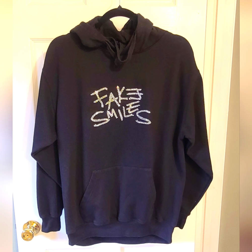 YOURS TRULY “FAKE SMILES” PHORA Hoodie Sweatshirt Med. Black/Silver Rhinestones